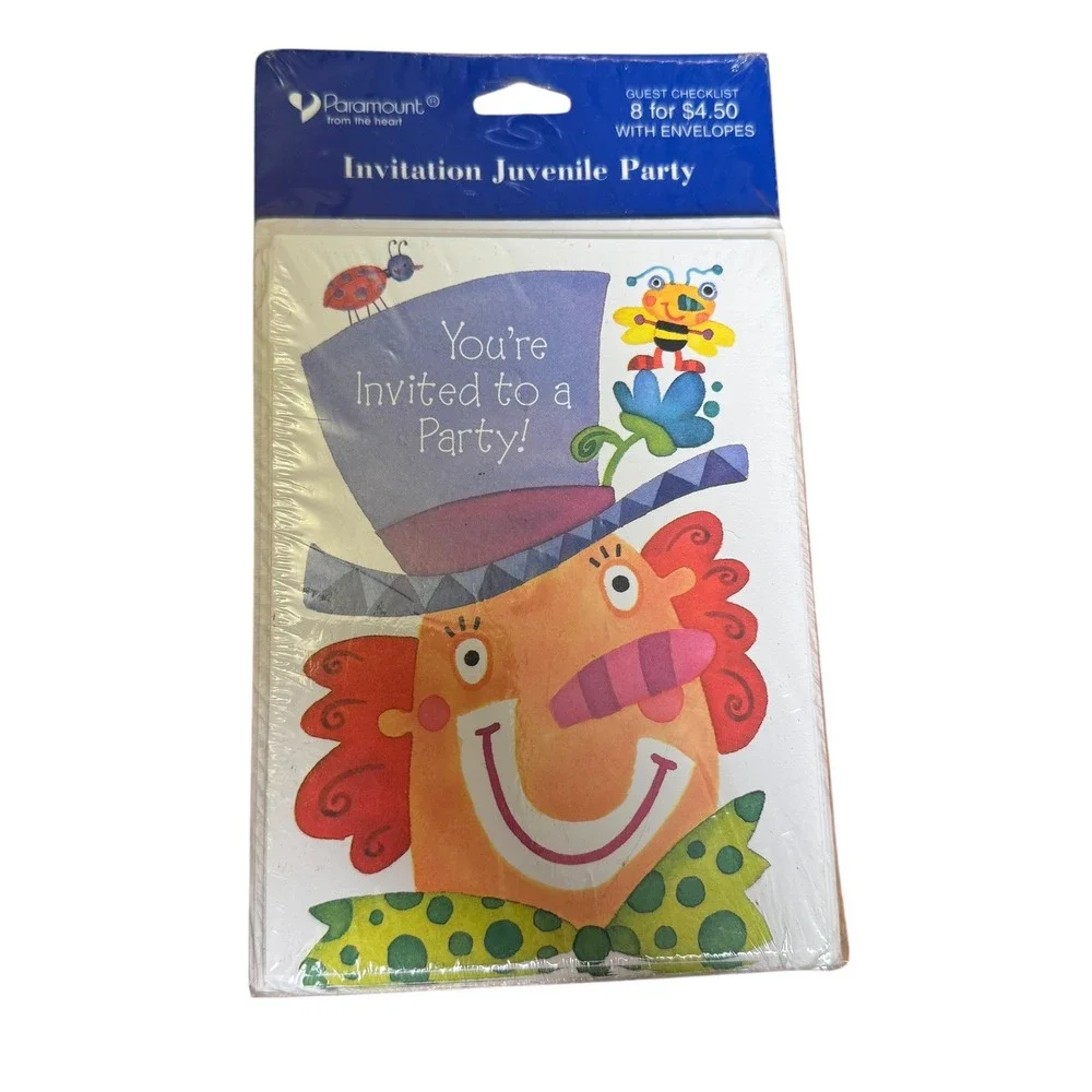 Paramount Vintage Clown Kids Birthday Party Invitations‎ 8 Sealed PK-450-9261